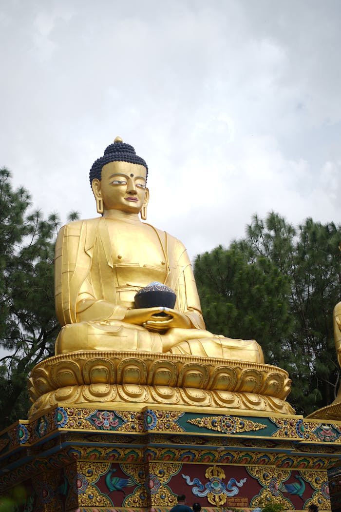 A stunning golden Buddha statue seated outdoors in Kathmandu, Nepal.
